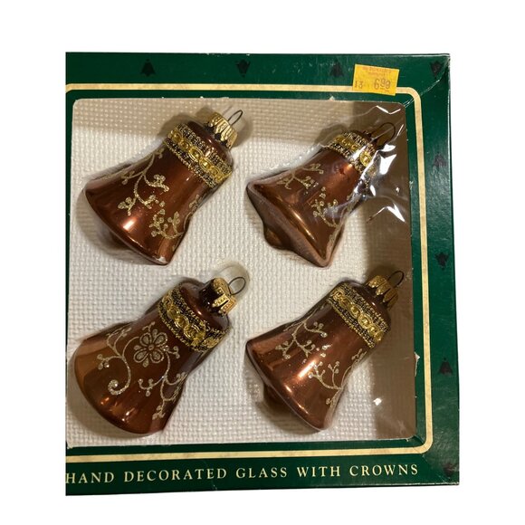 Glass Christmas Ornaments Bell Shape Set Of 4 Gold Accents Vintage Style Boxed - Picture 1 of 12